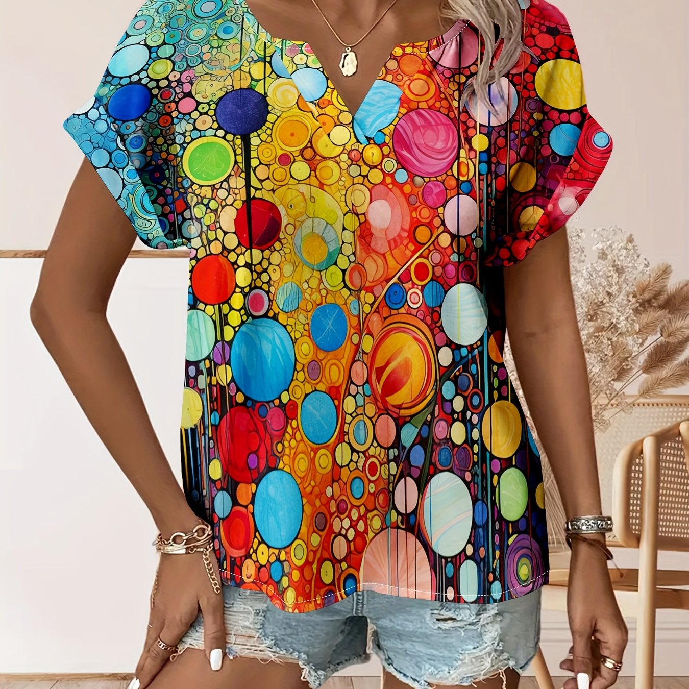 Vrolijke Damesblouse met Geometrische Print en V-Hals